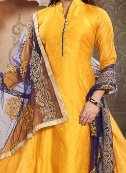 Golden Yellow Chanderi Silk Booti Zari Work Anarkali Suit Party Wear