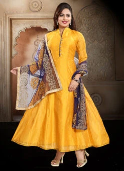 Golden Yellow Chanderi Silk Booti Zari Work Anarkali Suit Party Wear -Deals Chic Lehenga Store golden yellow chanderi silk booti zari work anarkali suit slmnfg533 u