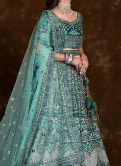 Green Art Silk Embroidered Stones Umbrella Lehenga Wedding Wear