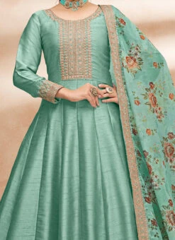 Green Art Silk Embroidery Anarkali Suit Party Wear