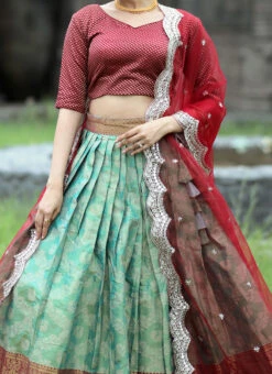 Green Art Silk Jacquard Umbrella Lehenga Festive Wear