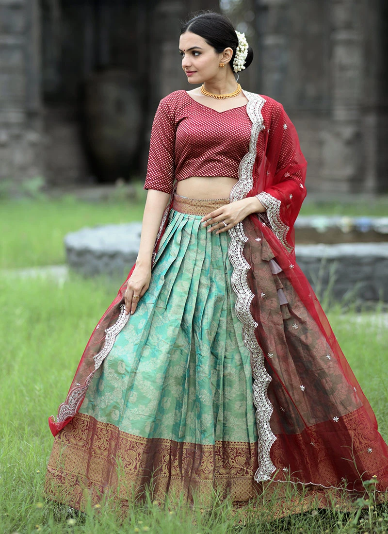Green Art Silk Jacquard Umbrella Lehenga Festive Wear 3 Green Art Silk Jacquard Umbrella Lehenga Festive Wear - Image 3