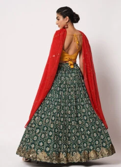 Green Banarasi Silk Printed Umbrella Lehenga Party Wear -Deals Chic Lehenga Store green banarasi silk printed umbrella lehenga ghsom2294 b