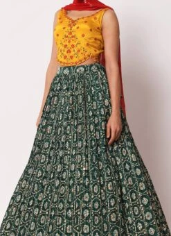 Green Banarasi Silk Printed Umbrella Lehenga Party Wear