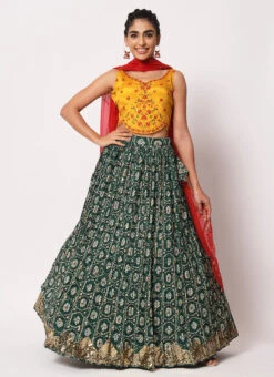 Green Banarasi Silk Printed Umbrella Lehenga Party Wear -Deals Chic Lehenga Store green banarasi silk printed umbrella lehenga ghsom2294 u
