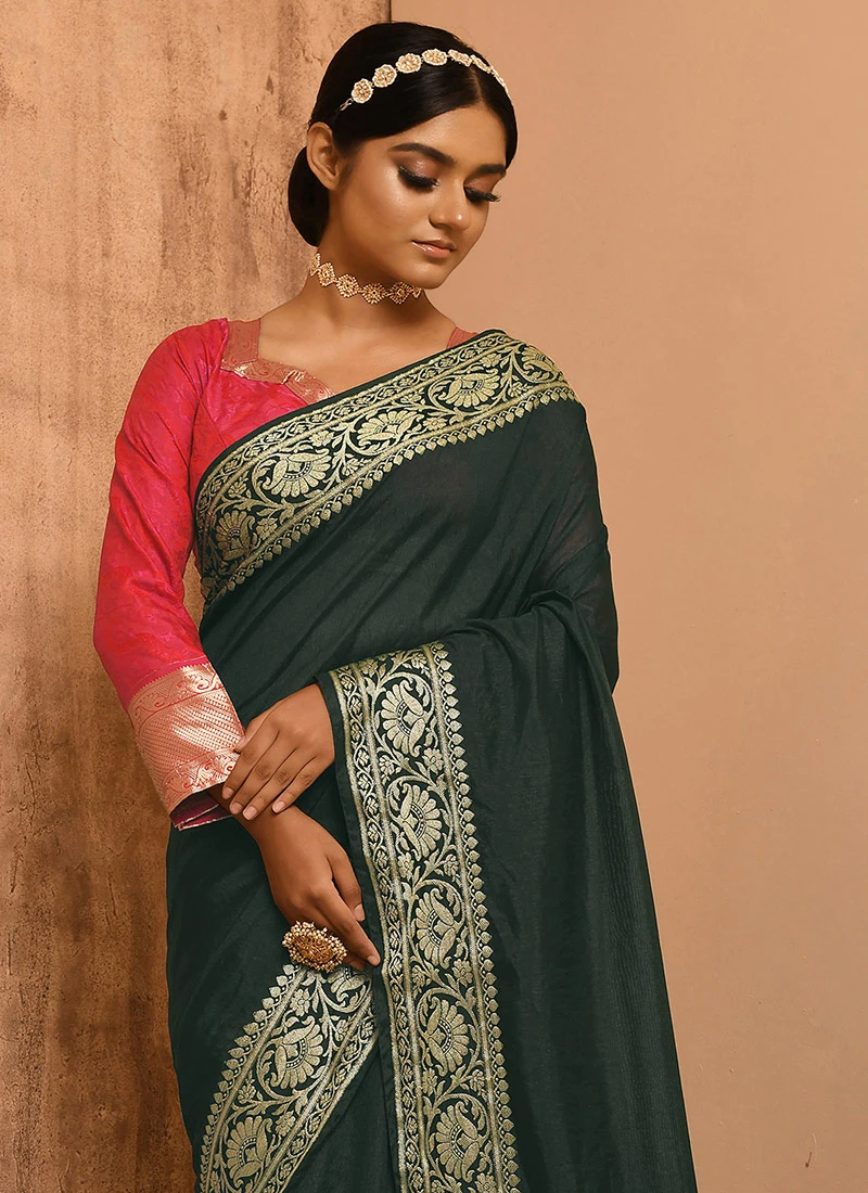 Green Banarasi Silk Zari Work Saree Festive Wear 4 Green Banarasi Silk Zari Work Saree Festive Wear - Image 4