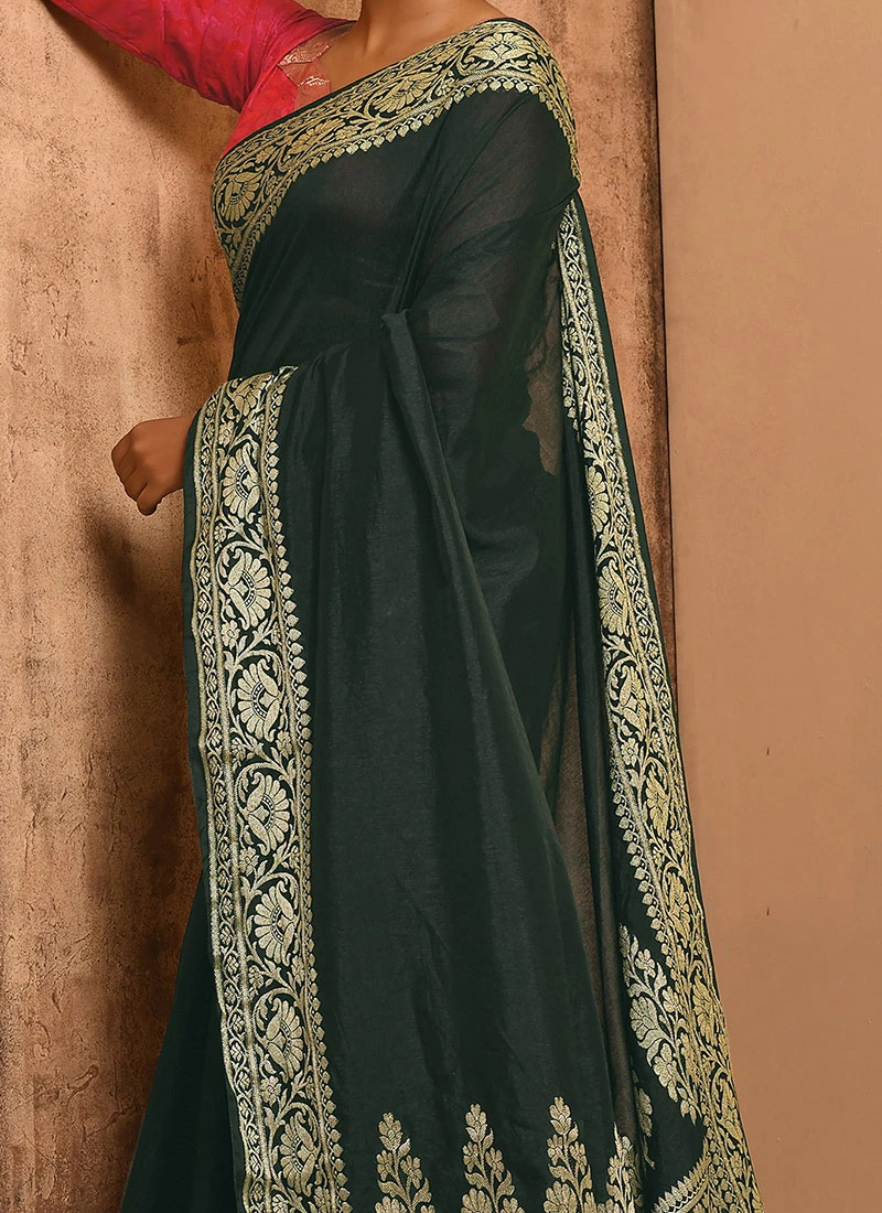 Green Banarasi Silk Zari Work Saree Festive Wear 1 Green Banarasi Silk Zari Work Saree Festive Wear
