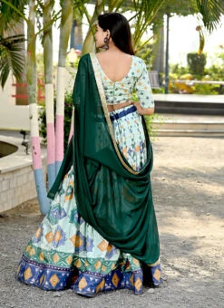 Green Chinon Printed Umbrella Lehenga Festive Wear -Deals Chic Lehenga Store green chinon printed umbrella lehenga ghsacw8301 b