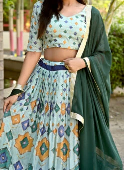 Green Chinon Printed Umbrella Lehenga Festive Wear