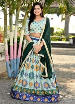 Green Chinon Printed Umbrella Lehenga Festive Wear -Deals Chic Lehenga Store green chinon printed umbrella lehenga ghsacw8301 u