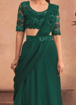 Green Chinon Silk Embroidered Ready Pleated Saree Party Wear