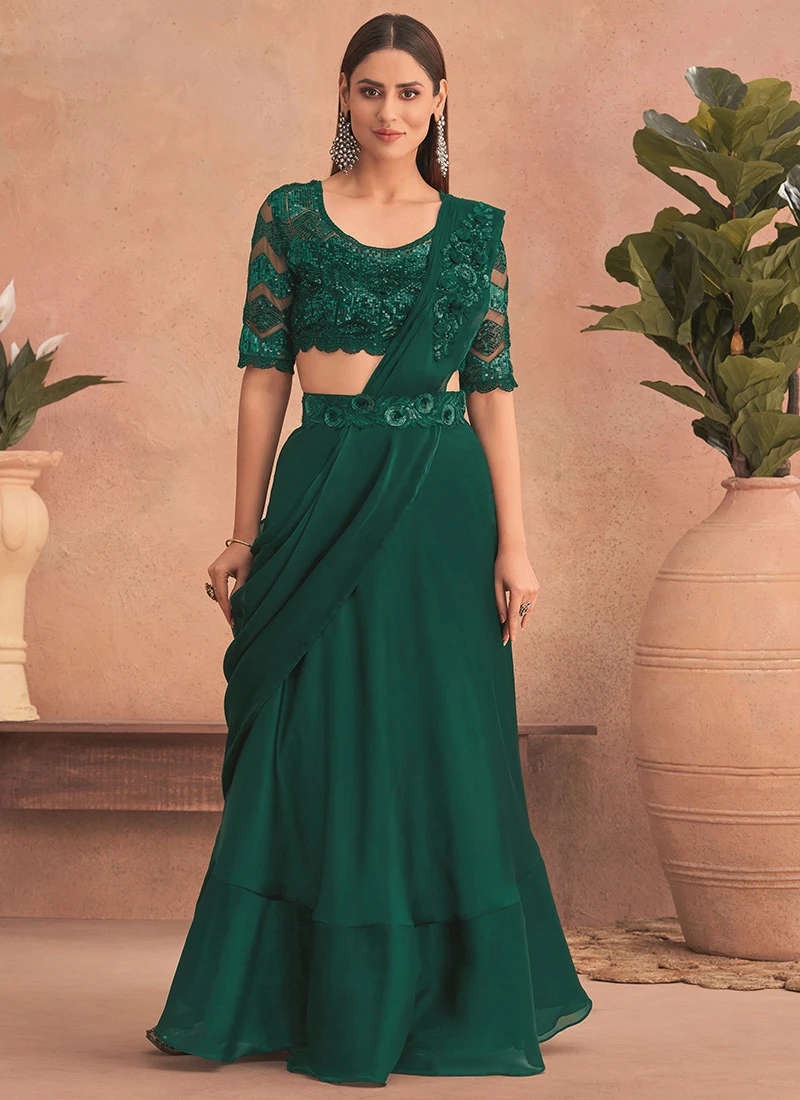 Green Chinon Silk Embroidered Ready Pleated Saree Party Wear 3 Green Chinon Silk Embroidered Ready Pleated Saree Party Wear - Image 3