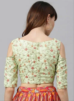 Green Embroidered Cold Shoulder Blouse Festive Wear -Deals Chic Lehenga Store green embroidered cold shoulder blouse BLBS02305277 b