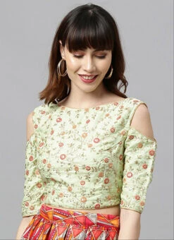 Green Embroidered Cold Shoulder Blouse Festive Wear -Deals Chic Lehenga Store green embroidered cold shoulder blouse BLBS02305277 u