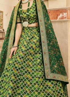 Green Embroidery Sequins Printed Work Velvet Umbrella Lehenga Wedding Wear