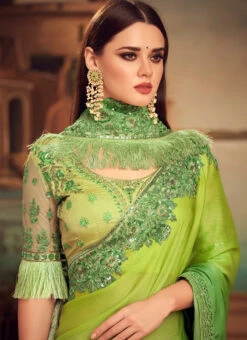 Green Faux Chiffon Saree Party Wear -Deals Chic Lehenga Store green faux chiffon saree samnks25004 b