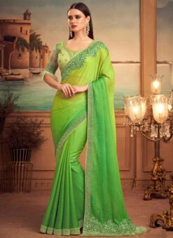 Green Faux Chiffon Saree Party Wear -Deals Chic Lehenga Store green faux chiffon saree samnks25004 u