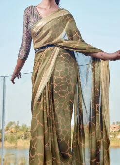 Green Faux Georgette Printed Sari After Six Wear