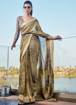 Green Faux Georgette Printed Sari After Six Wear -Deals Chic Lehenga Store green faux georgette printed sari samams113 u