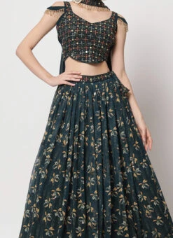 Green Georgette Printed Umbrella Lehenga Choli Party Wear