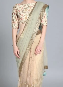 Green N Cream Embroiderd Half N Half Saree Wedding Wear