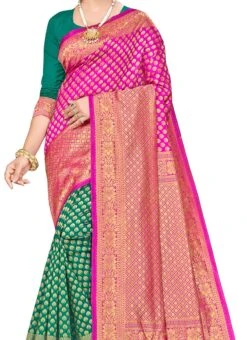 Green N Pink Banarasi Silk Zari Work Saree Festive Wear