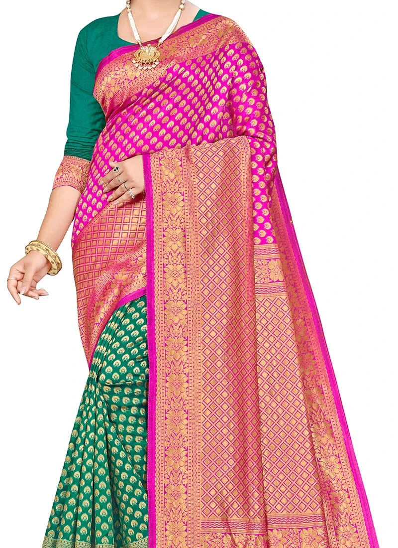 Green N Pink Banarasi Silk Zari Work Saree Festive Wear 1 Green N Pink Banarasi Silk Zari Work Saree Festive Wear