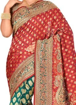 Green N Red Art Silk Kancheepuram Half N Half Sare Festive Wear