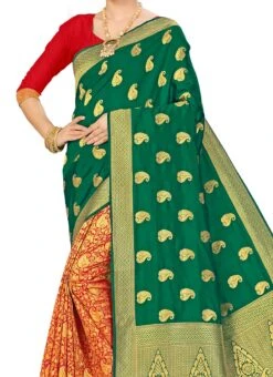 Green N Red Banarasi Silk Zari Work Saree Festive Wear