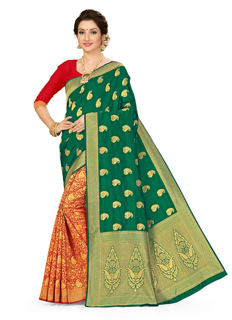 Green N Red Banarasi Silk Zari Work Saree Festive Wear 3 Green N Red Banarasi Silk Zari Work Saree Festive Wear - Image 3
