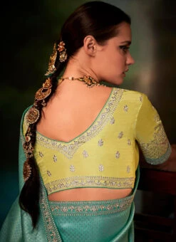 Green N Yellow Silk Jacquard Embroidery Half N Half Saree Festive Wear -Deals Chic Lehenga Store green n yellow silk jacquard embroidery half n half saree sasli18575252 b