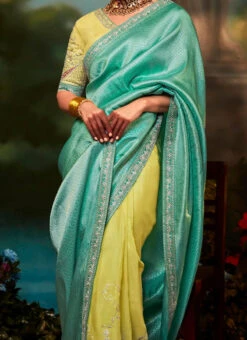 Green N Yellow Silk Jacquard Embroidery Half N Half Saree Festive Wear
