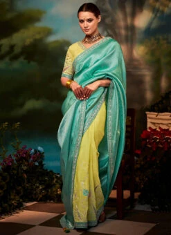 Green N Yellow Silk Jacquard Embroidery Half N Half Saree Festive Wear -Deals Chic Lehenga Store green n yellow silk jacquard embroidery half n half saree sasli18575252 u