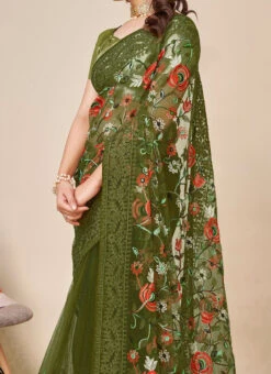 Green Net Embroidered Saree After Six Wear