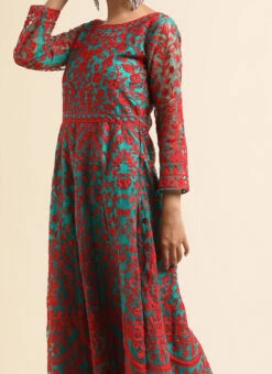 Green Net Resham And Moti Anarkali Suit Party Wear