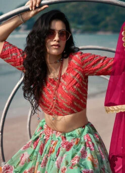 Green Organza Digital Print Umbrella Lehenga Party Wear -Deals Chic Lehenga Store green organza digital print umbrella lehenga ghsak41595302 b