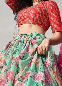 Green Organza Digital Print Umbrella Lehenga Party Wear