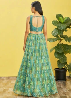 Rama Green Organza Embroidered Printed Umbrella Lehenga Party Wear -Deals Chic Lehenga Store green organza embroidered printed umbrella lehenga ghsacw7996 b