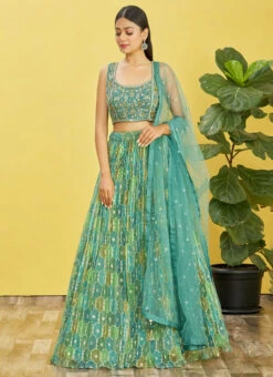 Rama Green Organza Embroidered Printed Umbrella Lehenga Party Wear -Deals Chic Lehenga Store green organza embroidered printed umbrella lehenga ghsacw7996 u