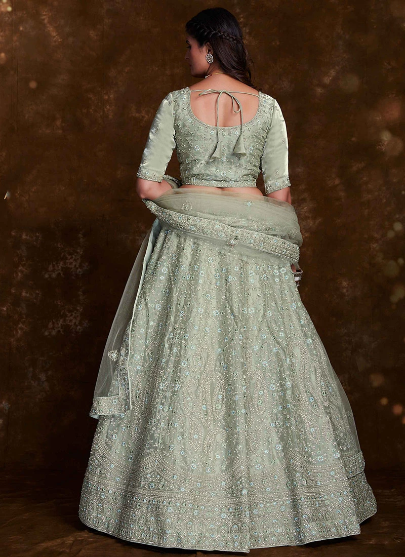 Pista Green Organza Embroidered Umbrella Lehenga Wedding Wear 4 Pista Green Organza Embroidered Umbrella Lehenga Wedding Wear - Image 4