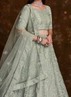 Pista Green Organza Embroidered Umbrella Lehenga Wedding Wear