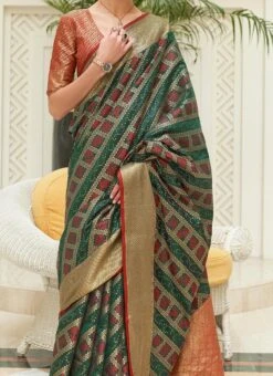 Green Patola Silk Zari Work Saree Festive Wear