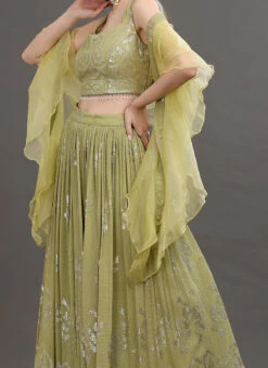 Green Pure Georgette Sequins Embroidered Work A Line Lehenga Choli Wedding Wear