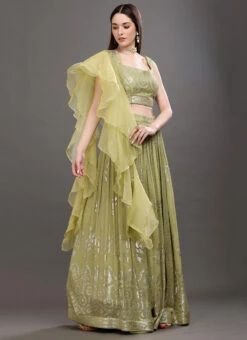 Green Pure Georgette Sequins Embroidered Work A Line Lehenga Choli Wedding Wear -Deals Chic Lehenga Store green pure georgette sequins embroidered work a line lehenga choli ghsgcba07 u