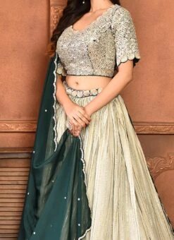 Green Pure Silk Hand Work A Line Lehenga Party Wear