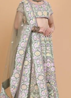 Green Raw Silk Embroidery Umbrella Lehenga Choli With Dupatta Wedding Wear