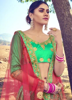 Green Satin Silk Embroidered A Line Lehenga Party Wear -Deals Chic Lehenga Store green satin silk embroidered a line lehenga ghssitmtv39602 b