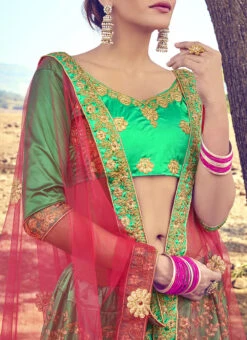 Green Satin Silk Embroidered A Line Lehenga Party Wear