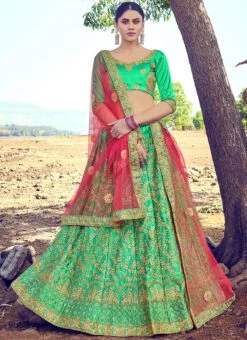 Green Satin Silk Embroidered A Line Lehenga Party Wear -Deals Chic Lehenga Store green satin silk embroidered a line lehenga ghssitmtv39602 u