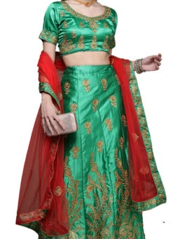 Green Satin Silk Embroidered A Line Lehenga With Red Dupatta Festive Wear